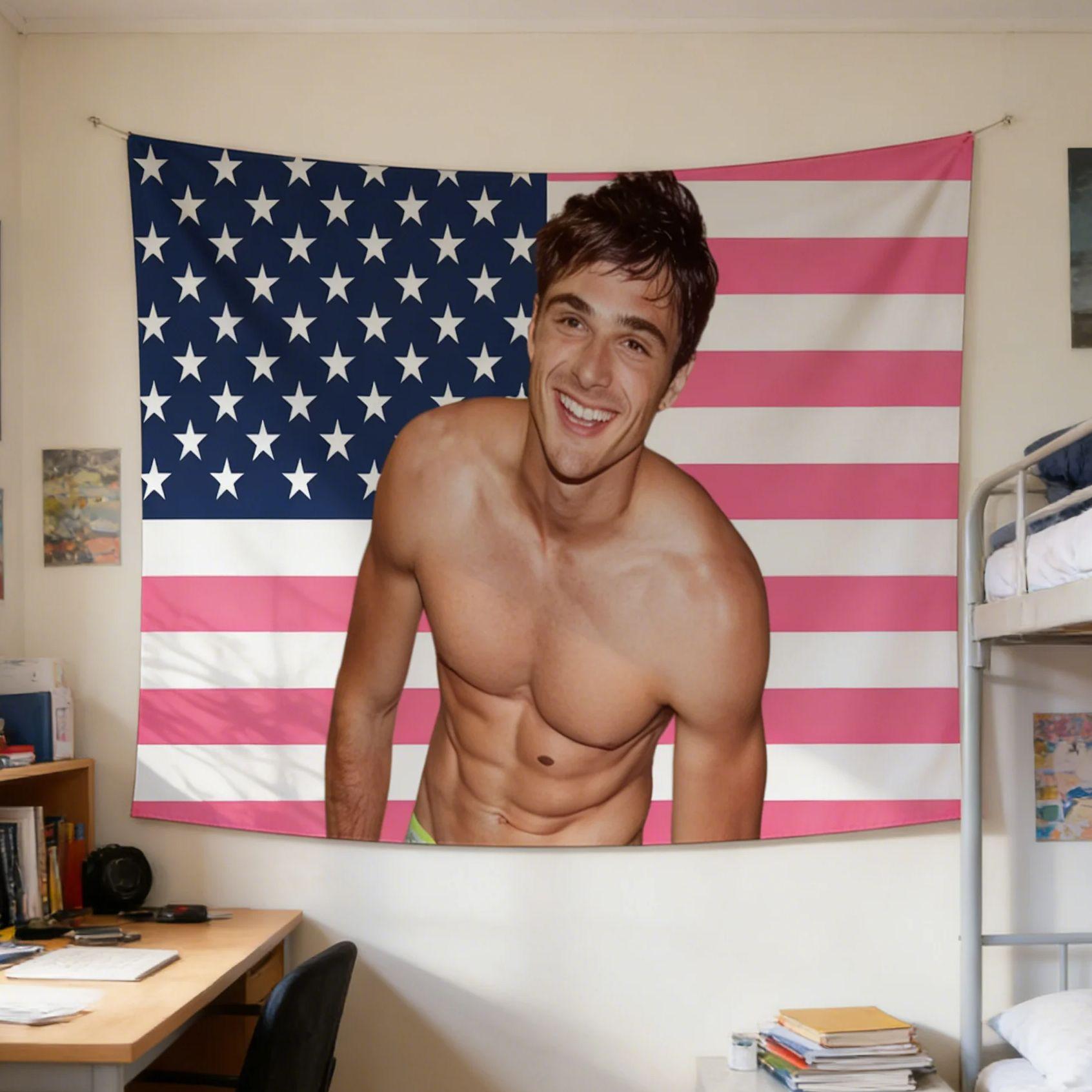 

JJacob Elordi Pink USA Flag Tapestry Hot Celebrity Portrait Print Wall Hanging For Dorm Bedroom Living Room Camping Party Club 74x94cm(29x37in)