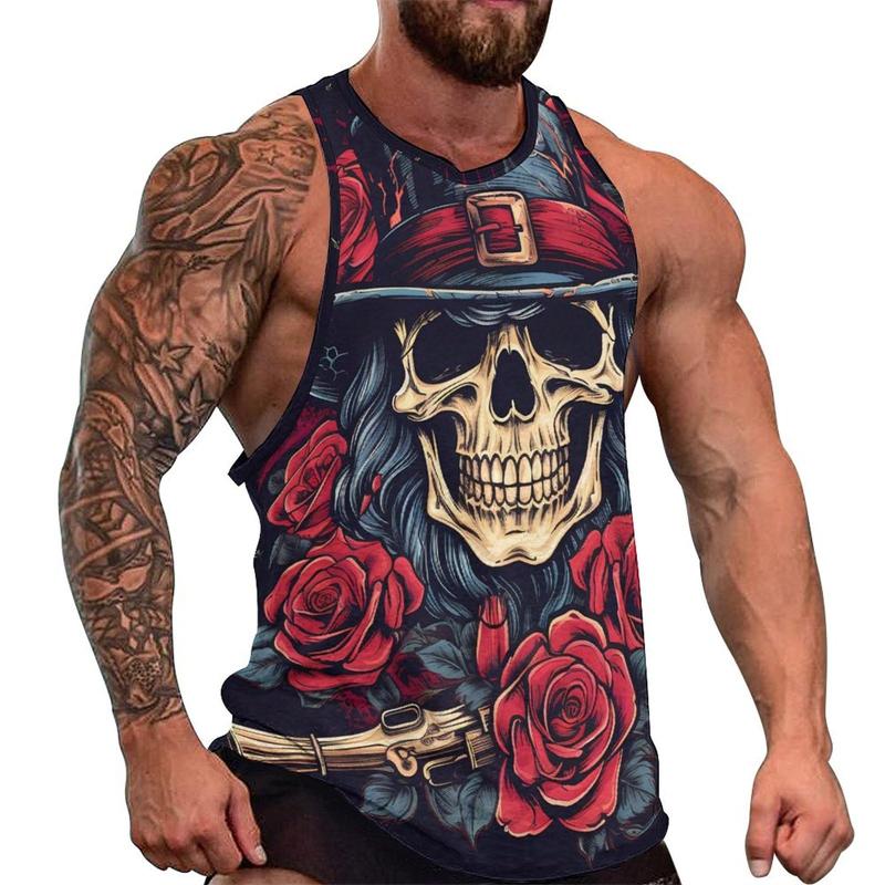 Summer Round Neck 3D Fashion Skull Printed Top Fashionable Casual Hip-hop Sleeveless Vest Men's T-shirts