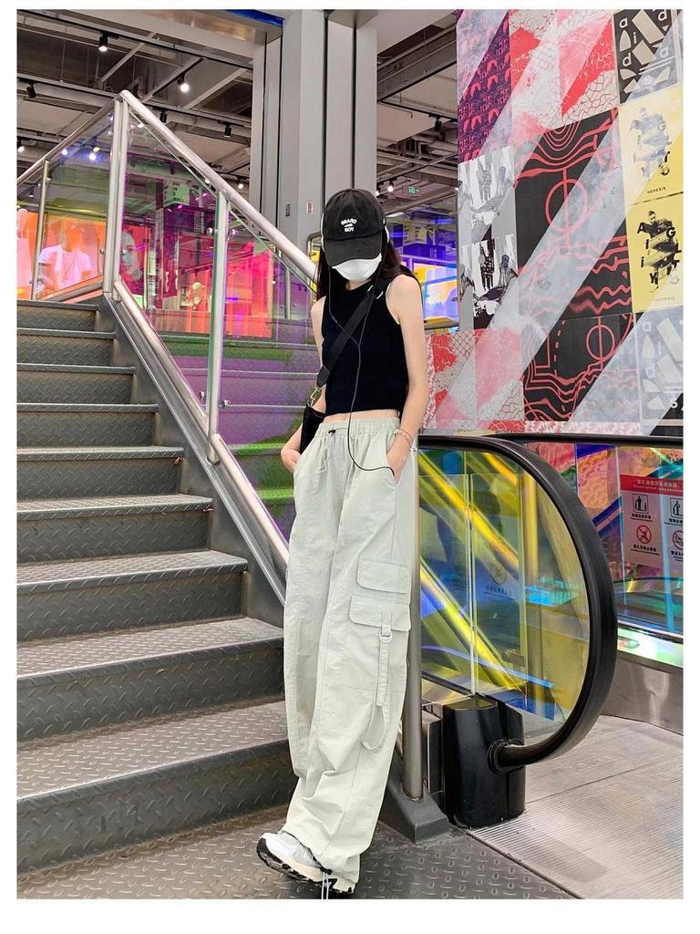 Retro Purple High-Waisted Straight-Leg Cargo Pants - Spring Loose-Fit Sport Wide-Leg Style