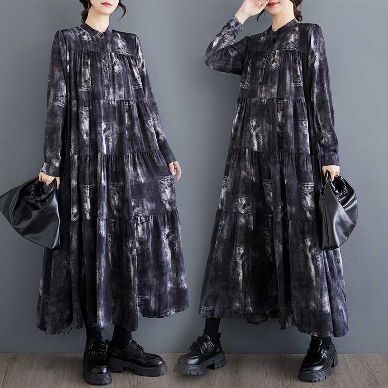 

Новые свободные тонкие модные платья большого размера с длинными рукавами и принтом средней длины One Size чёрный