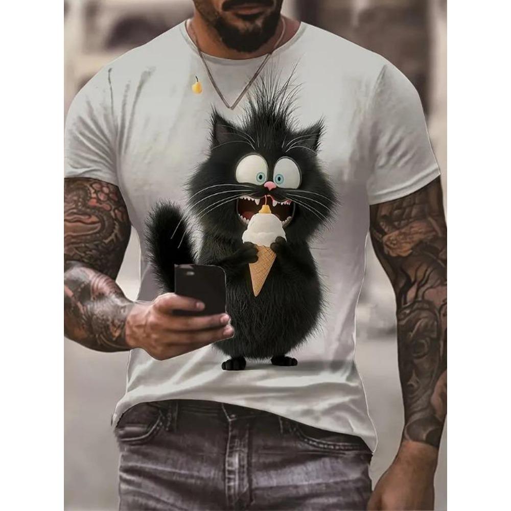 Men's Summer Casual Short Sleeved T-shirt with Realistic Cat Pattern Print