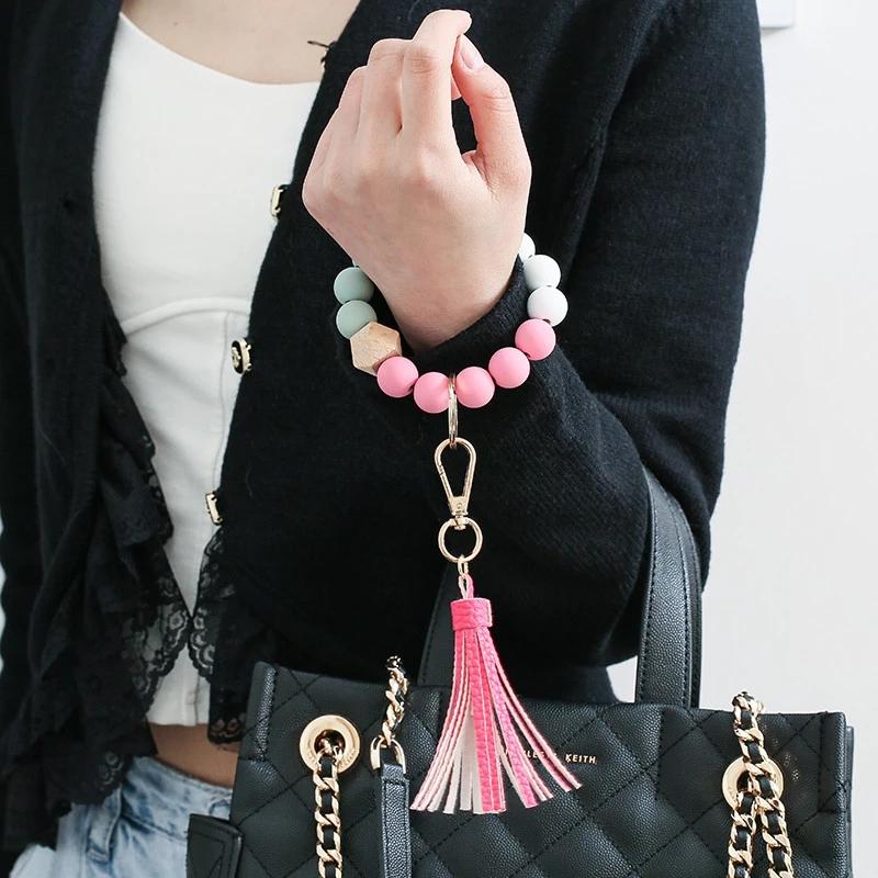 Stock Silicone Beads Elastic Bangle Bracelet Keychain Leather Tassel Silicone Beads Bracelet Wristlet Keychain for Women