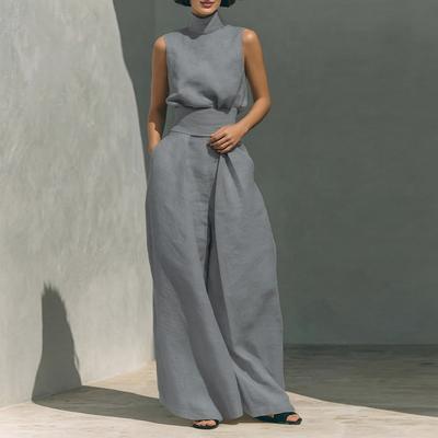 Womens 2026 Casual Solid Color Sleeveless High-Waist Straight Leg Pant Set Elegant Office Wear