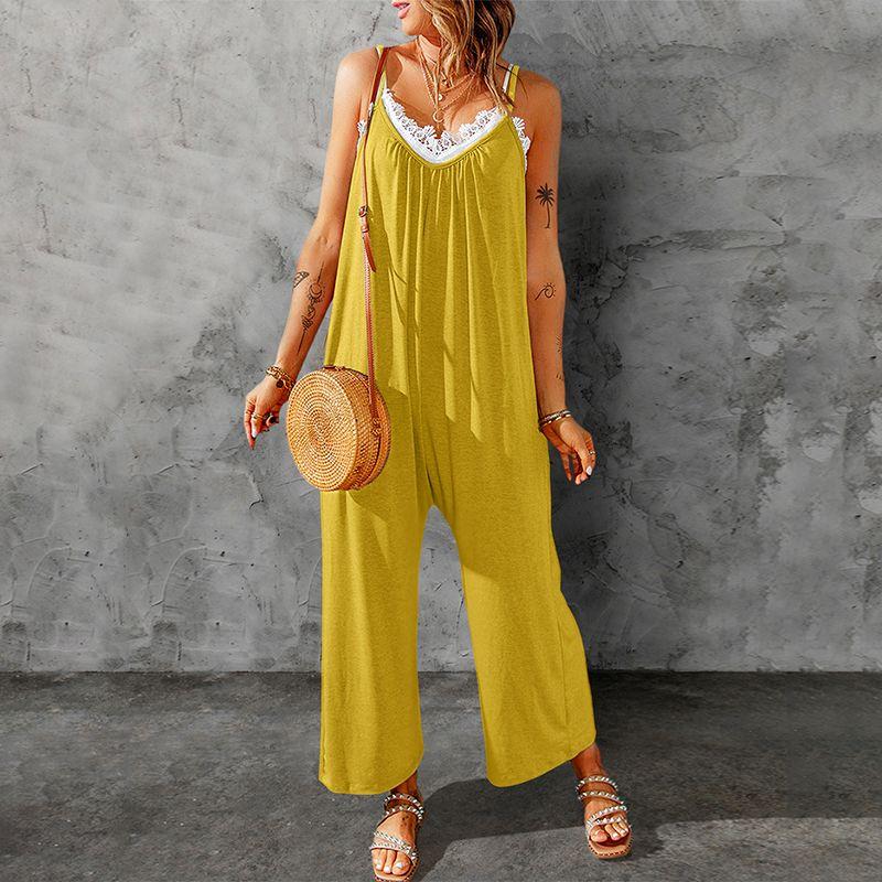 

Fashion European and American Style Slip Pocket Pure Color Sleeveless Casual Sling Yellow S is one size larger (45.00 kg-55.00 kg