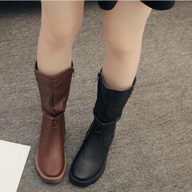 Fashion Women's Ankle Boots Side Zipper Mid Calf Thick Sole Boots Soft PU Leather Boots Fashion Womens Shoes Versatile Zapatos De Mujer