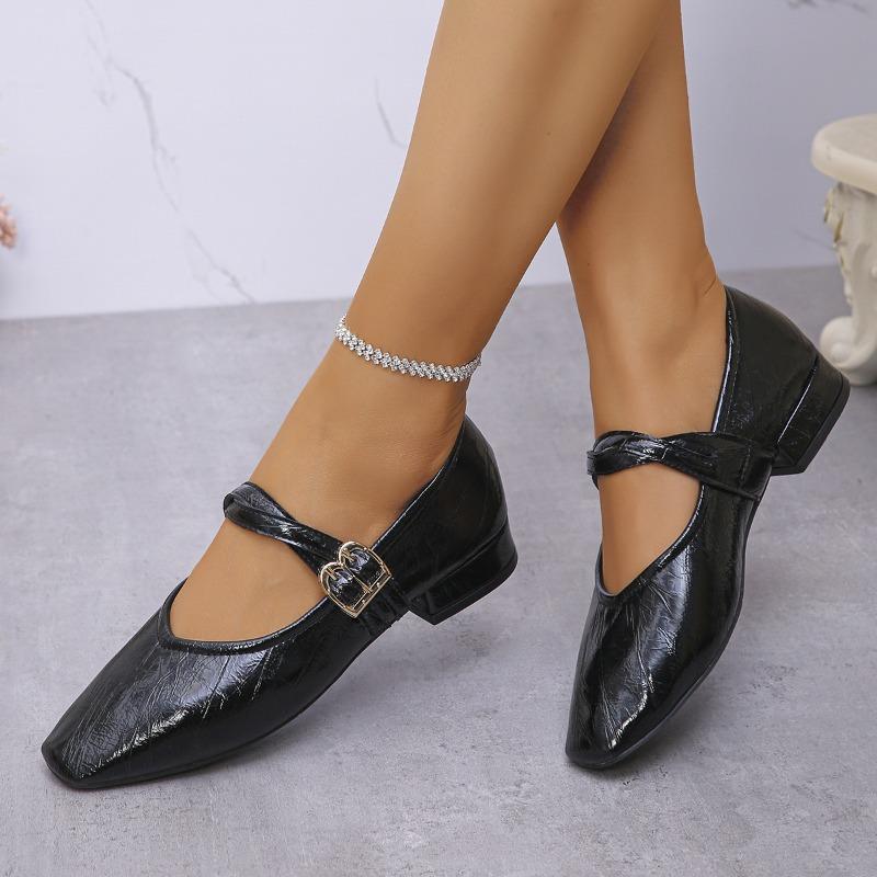 Silberschuhe Damen Herbst und Winter Neu Eckige Zehenpartie Niedriger Absatz Lederschuhe Weiche Sohle Ballerinas