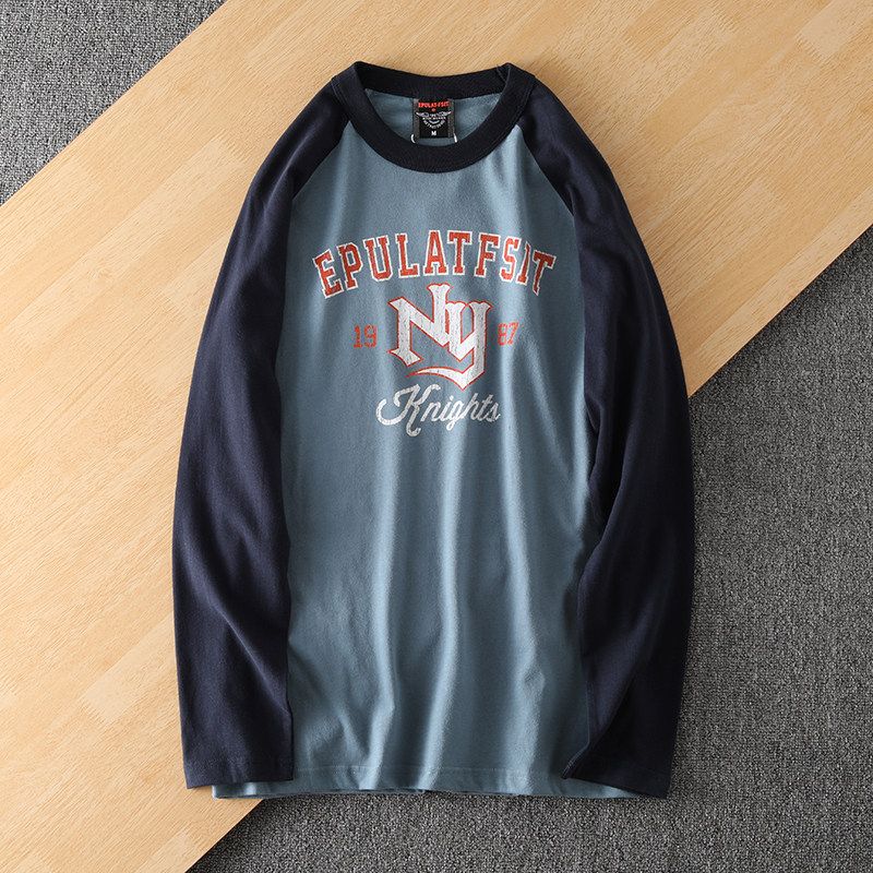 Niche Style Brand! Autumn Cotton Brushed Long Sleeve T-shirt Men s Japanese Style Plaid Soft Casual Loose Print T-shirt Lake Blue/Sapphire Blue XL