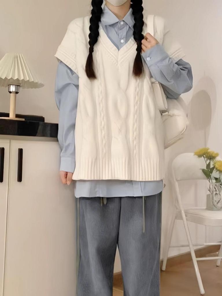 Korean Preppy White Sweater Vest & Shirt Set - Women's High-End Knitted Two-Piece for Spring & Autumn
