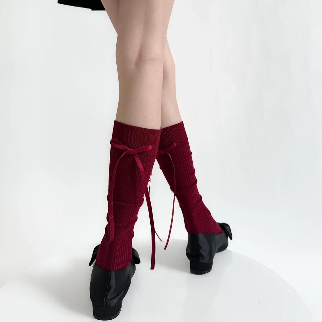 Stockings Women Wool Warm Knee Socks Women Stockings Lolita Kawaii Ribbon Bow Solid Color Long Socks Stockings Autumn And Winter