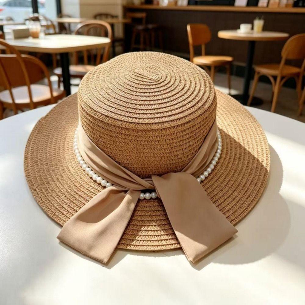 Beads Chain Straw Hat Silk Bow Beach Hat French Sun Visor Hat Travel Vacation