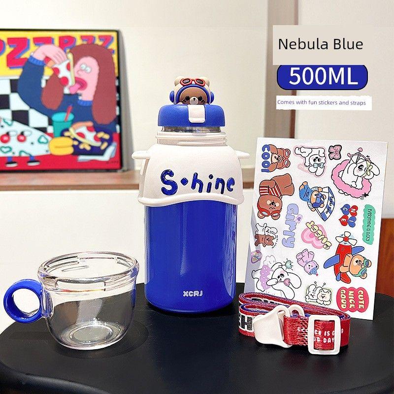 Xiaocha Diary s New 316L Stainless Steel Straw Children s Large-Capacity Insulated Cup, Portable and Drop-Resistant for Students Going to School 500ml Nebula Blue