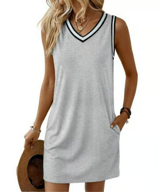 2026 Women's Color Block V-Neck Sleeveless Dress - Cross-Border E-commerce Collection