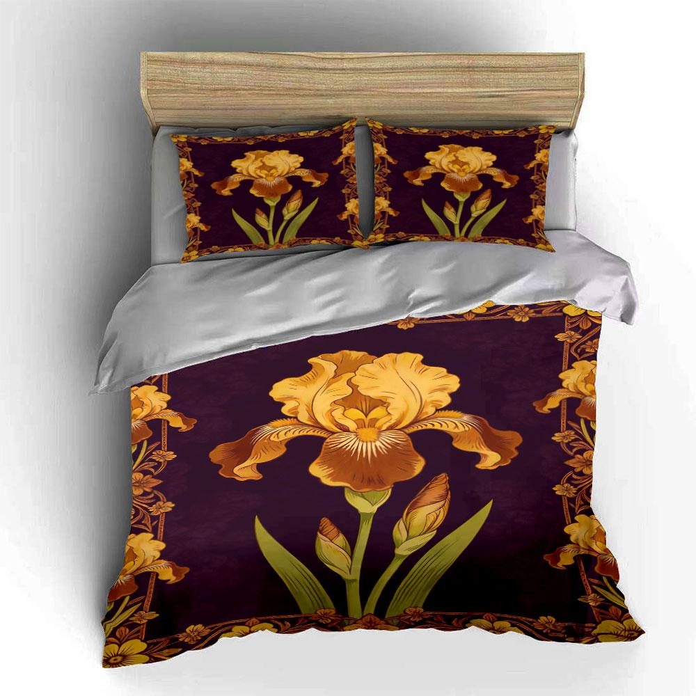 Golden iris flower pattern. Bedding sets Duvet cover sets Duvet covers Pillowcases(1* Duvet Cover 2* Pillowcases without duvet insert)