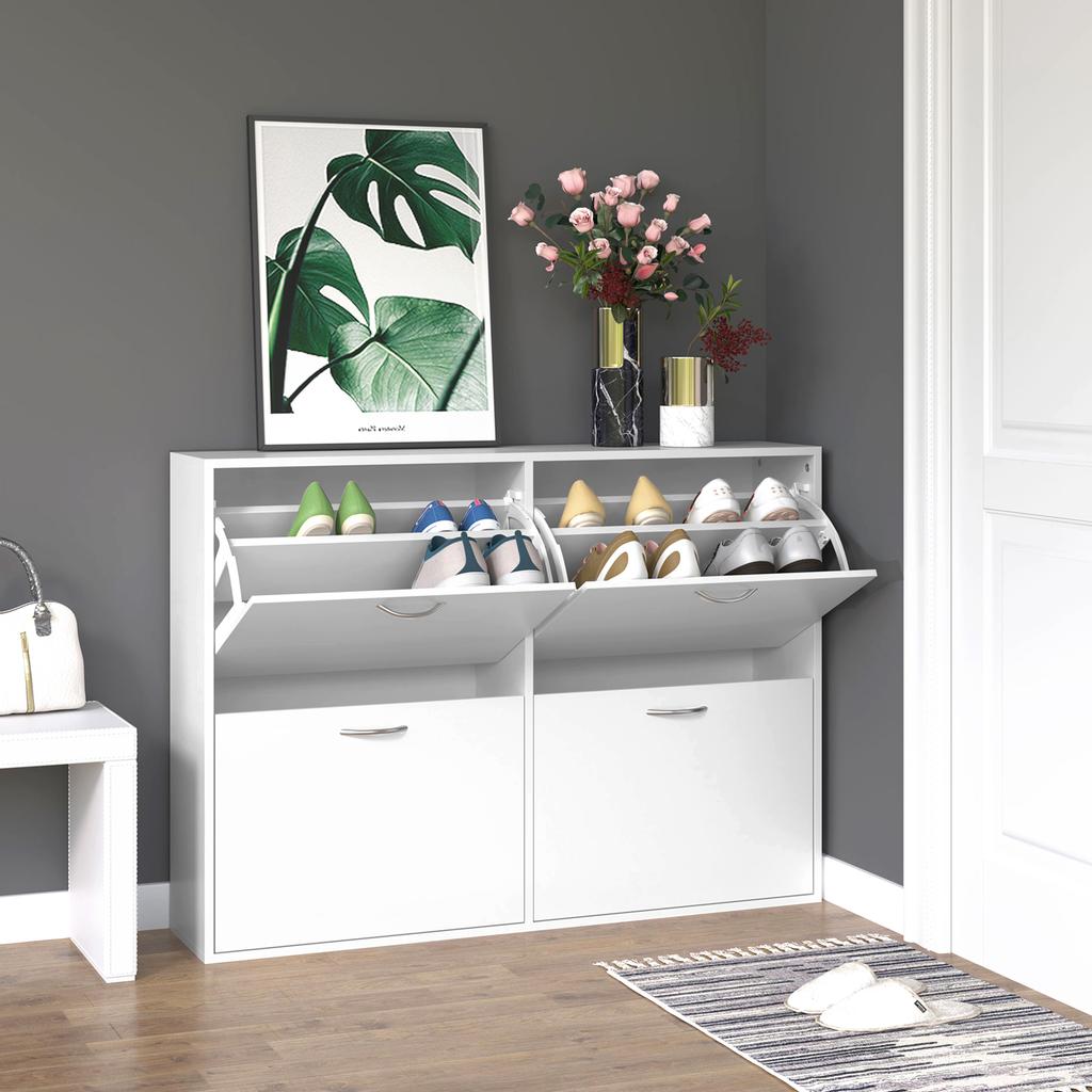 Space-Saving Wooden Shoe Rack, 4 Drop-Down Drawers, 16-24 Pairs, 120x24x81cm, White