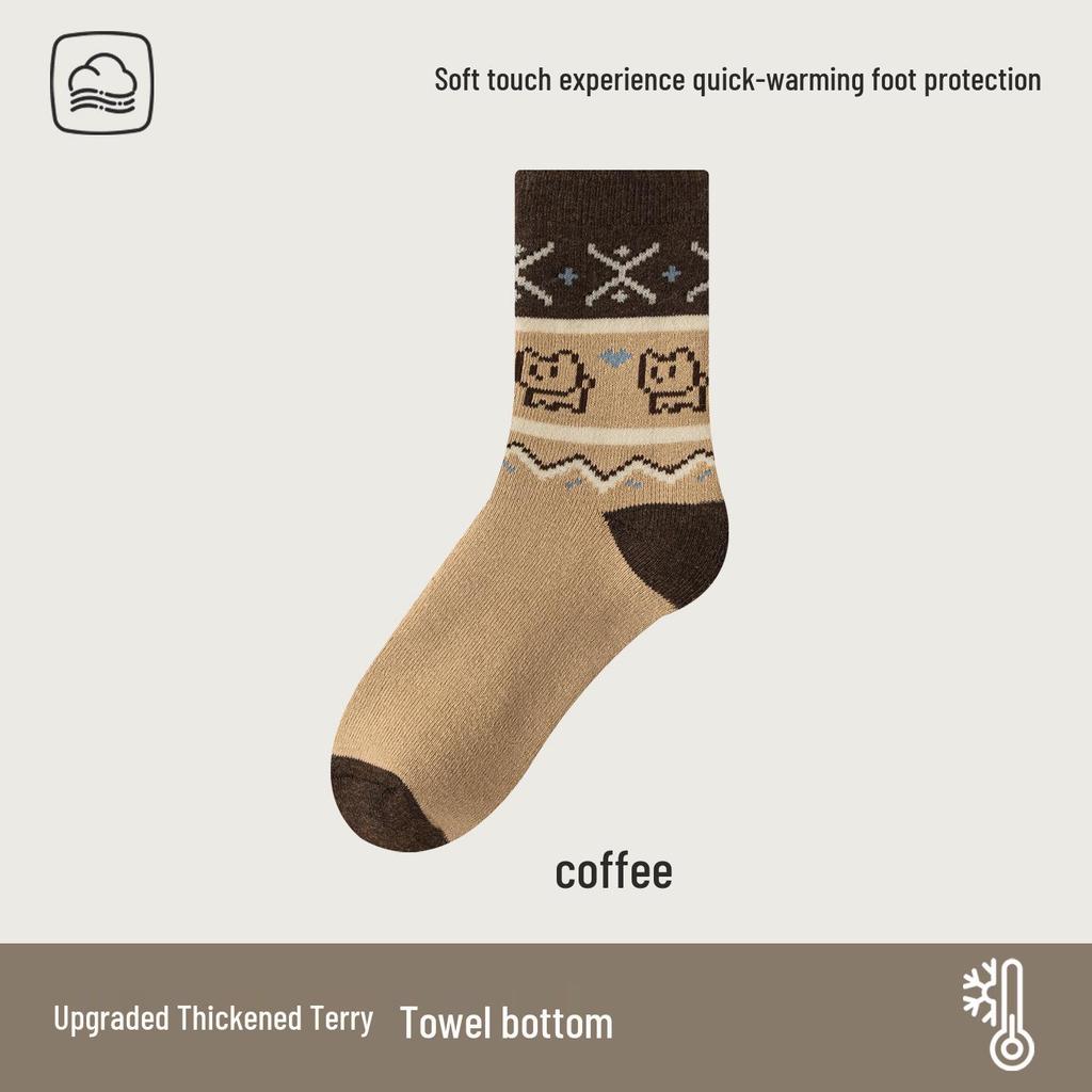 Women's Warm Fleece-Lined Fair Isle Socks - Thick Terry, Mid-Calf & Knee-High with Cartoon Design