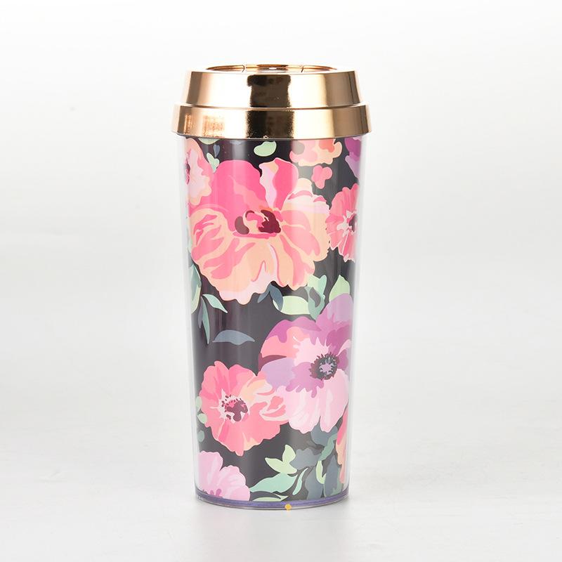 Double Layer Thickened Coffee Cup Insert Card Flower 16Oz Plastic Water Cup Heat Insulation Portable Water Cup