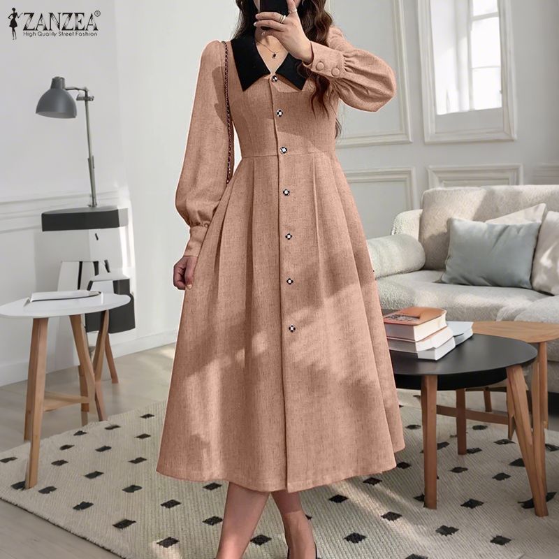 ZANZEA Women Splice Lapel Collar Casual Long Sleeve Elegant Dress