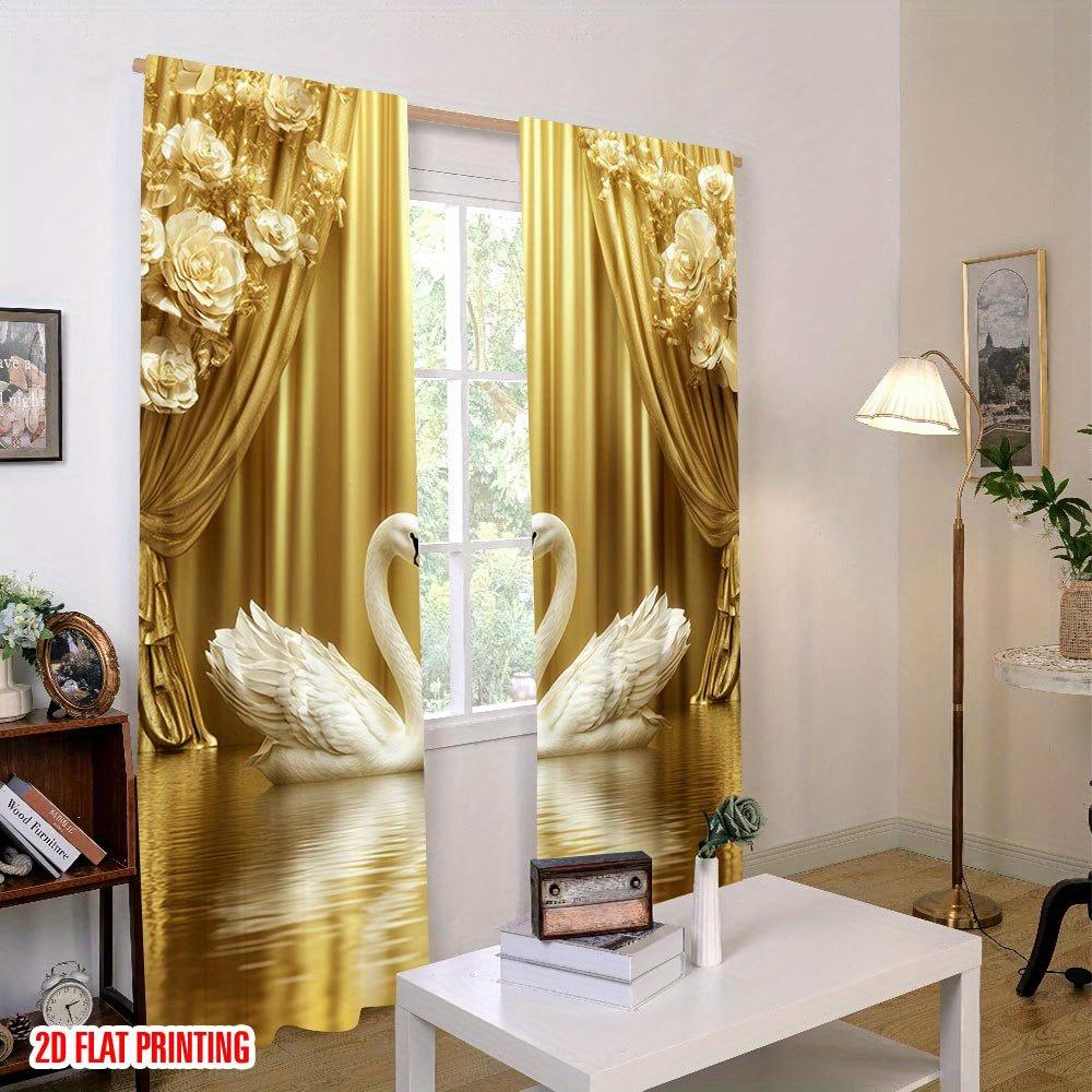 2pcs Elegant Gold Swan Print Curtains  for Study  Modern Bedroom   Stylish Living Room   Chic Kitchen   Spacious Balcony & Home Decor
