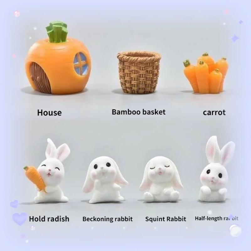 7pcs Cute Animal Garden Decorative Bunny Set Micro Landscape Resin Small Figurines Creative Furniture Decor for Fairy Garden