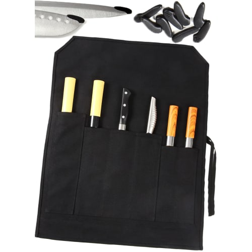 P&C Canvas Knife Case with Fabric Wrap and Blade Cover, Holds 6 Knives, Deep Pockets, Portable, 27cm, Perfect for Camping and Outdoor Activities (Blac