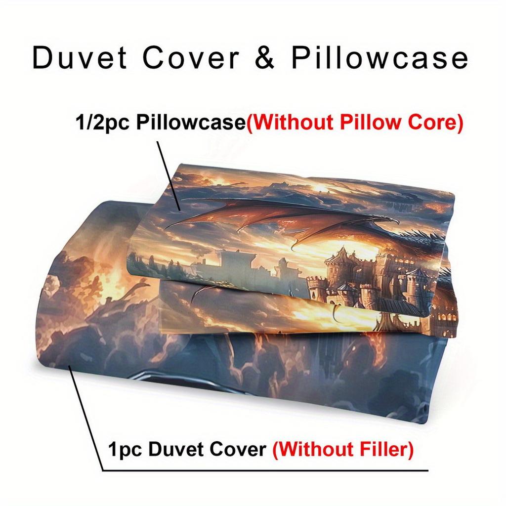 2/3Pcs Quilt Cover Set Fantasy Flame Dragon Printed Duvet Cover Set King Queen Style Bedding Set Polyester Machine Washable
