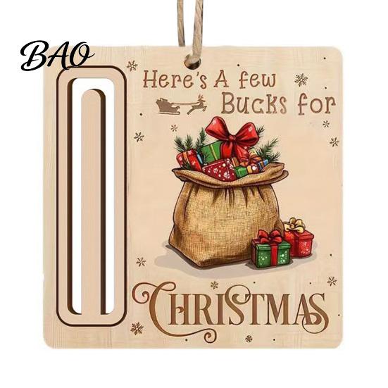 Elk Pattern Xmas Tree Pendants Rustic Santa Reindeer Money Holder Ornament, Wooden Cash Gift Card Holiday Holders Clip with Slot, Christmas