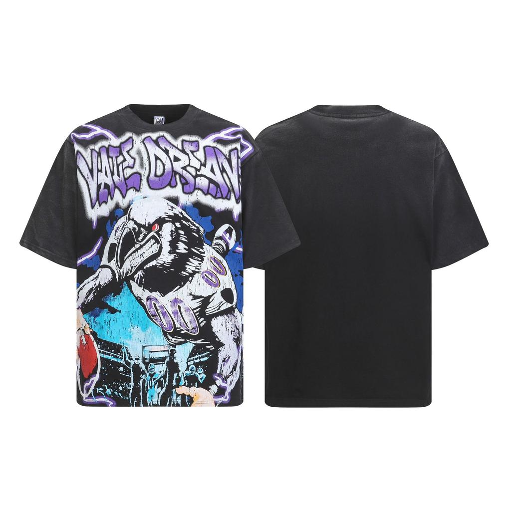 2025 Amerikanische trendige Marke Vall gewaschen alt bedrucktes kurzärmeliges Hip-Hop lockeres Streetwear-T-Shirt für Männer und Frauen