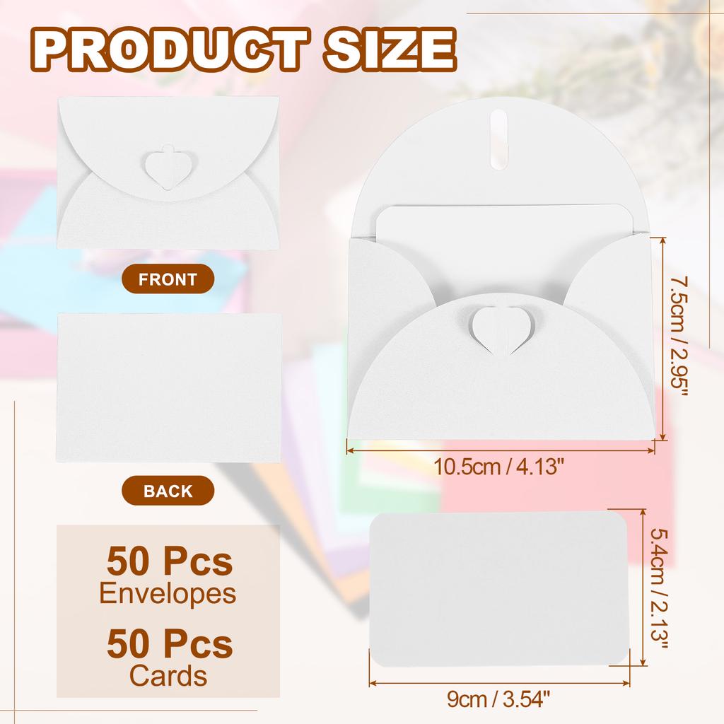 50Set Mini Heart Clasp Envelopes with Blank Note Cards for Gift Wedding Invitation Graduation Holiday Thanksgiving Day Christmas