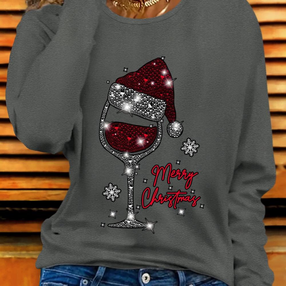 's Černá vánoční sklenice na víno & Svetr s potiskem Santa Clausovy čepice - Vzor třpytivé sněhové vločky a cukrové hole Dlouhý rukáv
