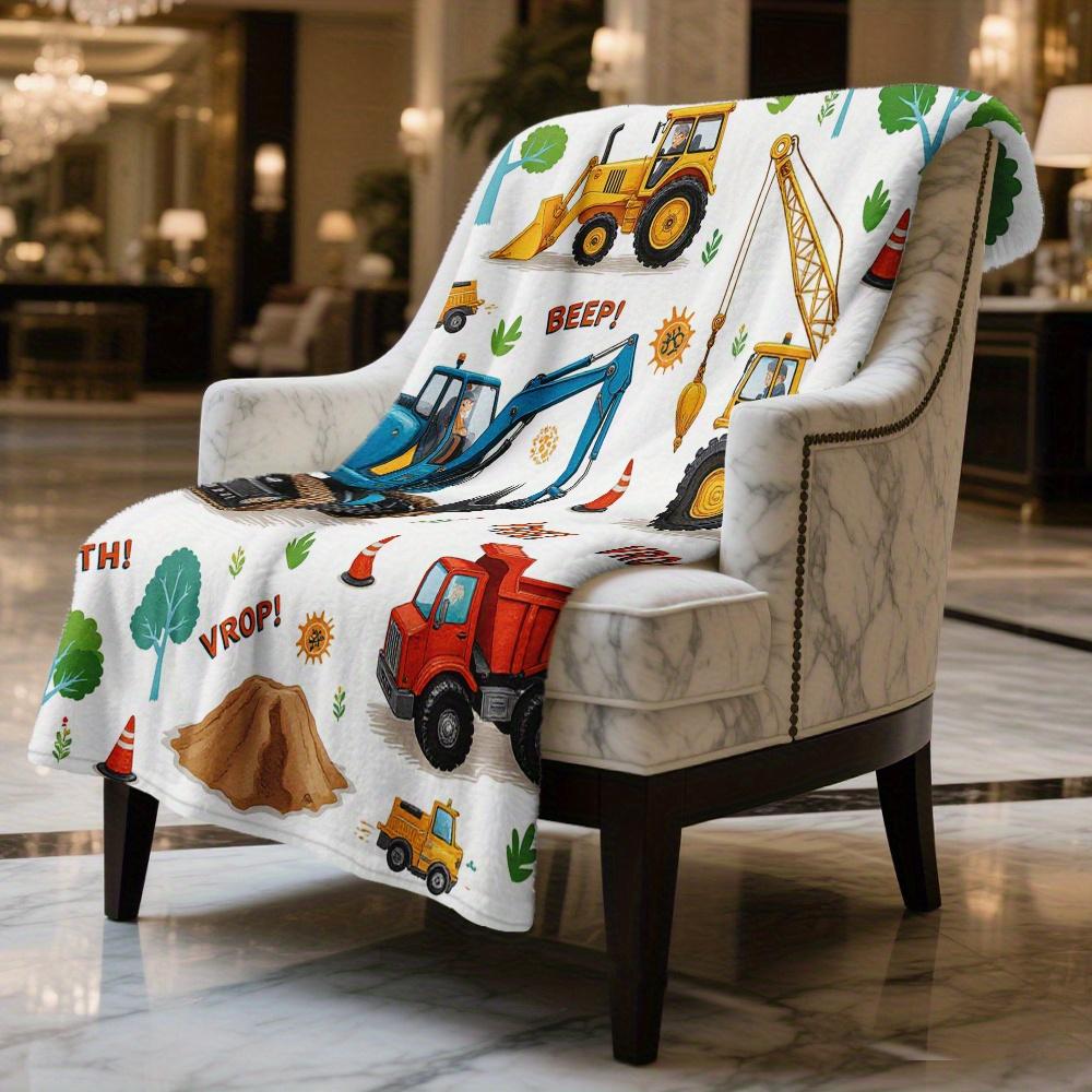 Cartoon Construction Vehicles Throw Blanket - Vibrant Tractor Excavator Kids Pattern Cozy Soft Accent for Bed Couch Car Decor