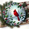 1PC Cardinal and Holly Berry Round Wreath Wall Art Decor Hanging Iron Metal Painting for Christmas Gift Home Garden Porch Bar Cafe Office