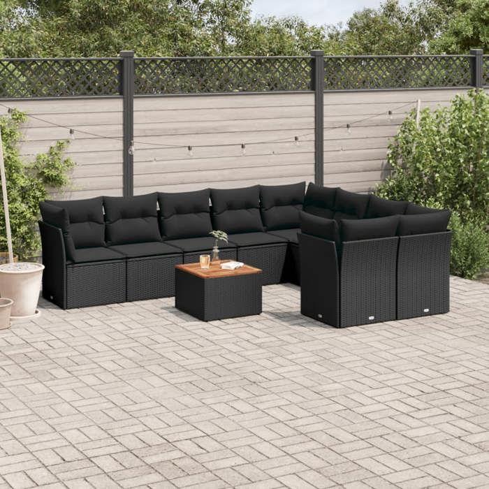 VidaXL Salon de jardin 10 pcs avec coussins noir résine tressée 3223815