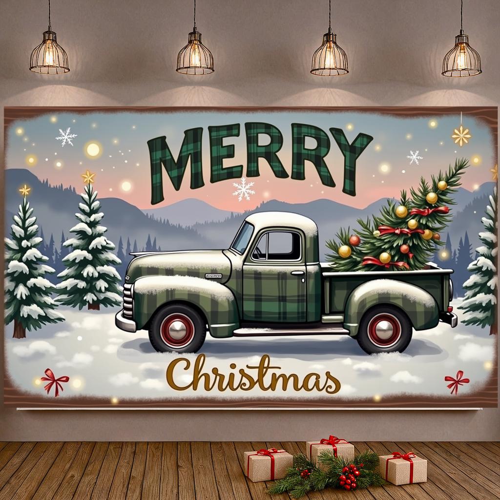 Vintage Truck Banner Gold Ornaments Holiday Truck Display Christmas Banner Classic Truck Design Merry Christmas Banner