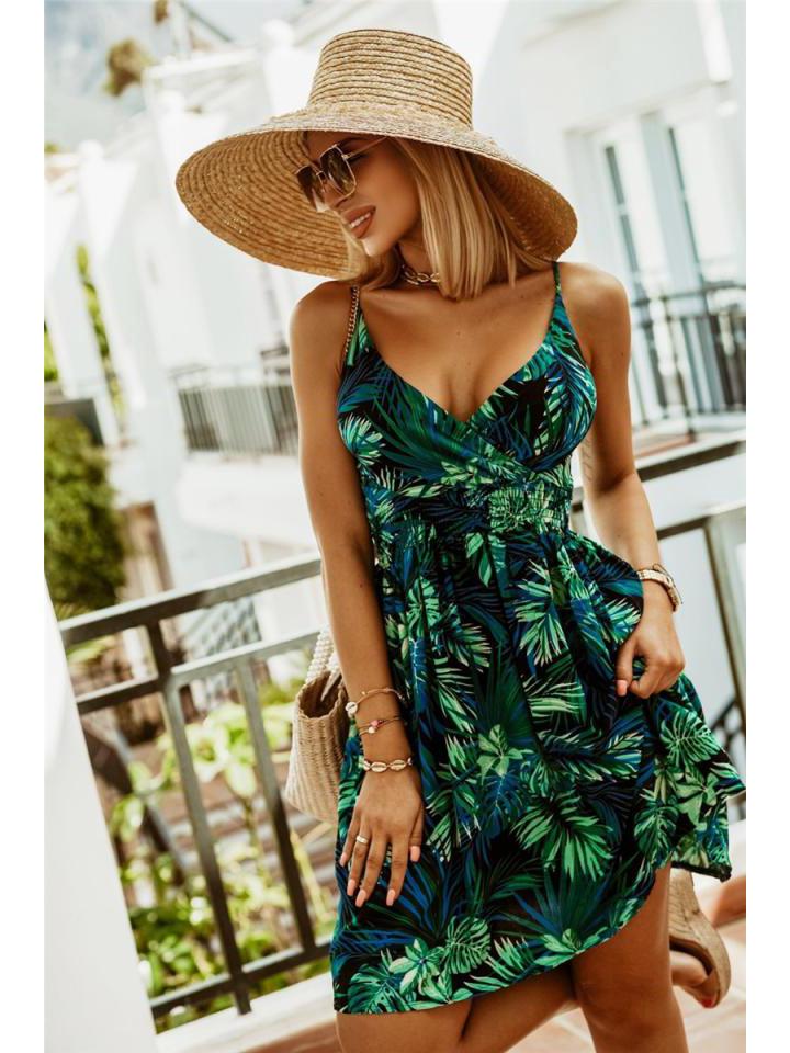 2024 European & American V-Neck Printed Sexy Suspender Waist-Cinching Dress