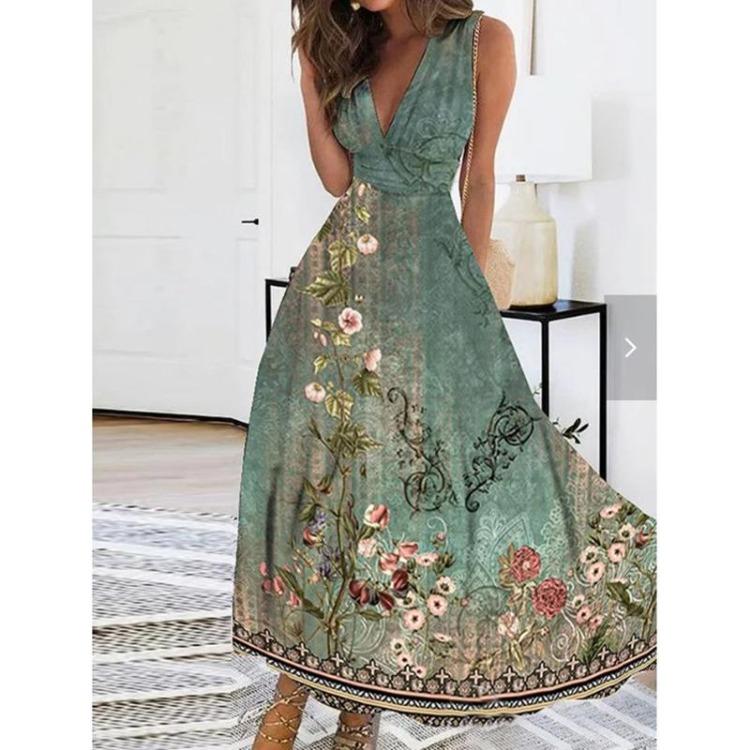 

Women s Plus Size Boho Beach Maxi Dress Floral Summer V Neck Vest Dress 5XL зелений