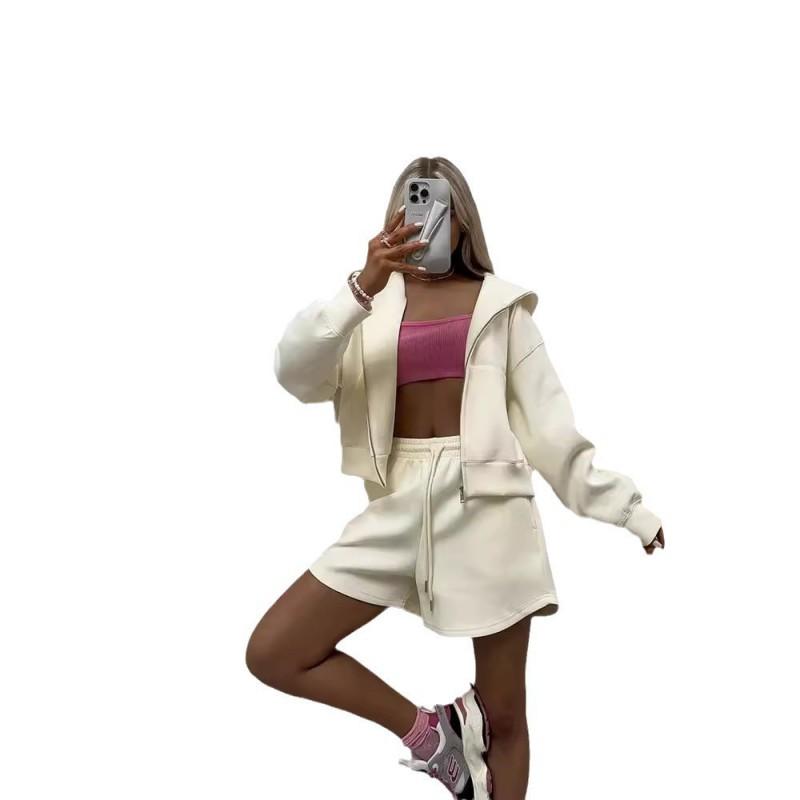 Womens 2 Piece Tracksuit Hooded Sweatshirt Shorts Set Casual Streetwear Solid Color S M L XL