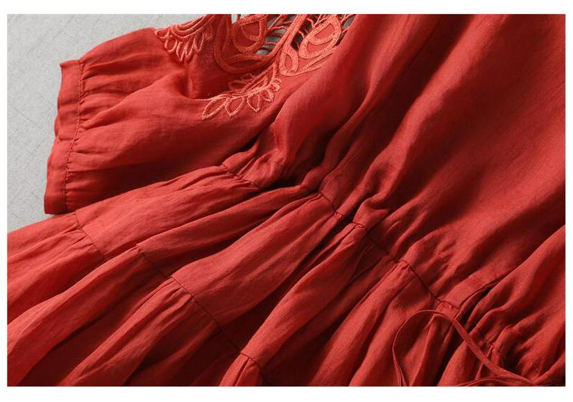 2023 Summer Retro Women's Plus Size Cotton Linen Dress with Hollow Design and Loose Waist