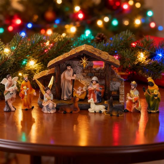 Nativity Scene Set Stable Resin Christmas Manger Figurines for Home Decor
