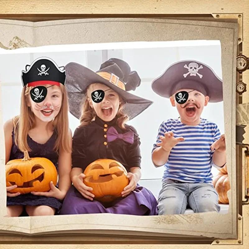 12Pcs Pirate Captain Hat Skull Print Eye Patch Children Adult Halloween Party Cosplay Costume Cap Decoration Props