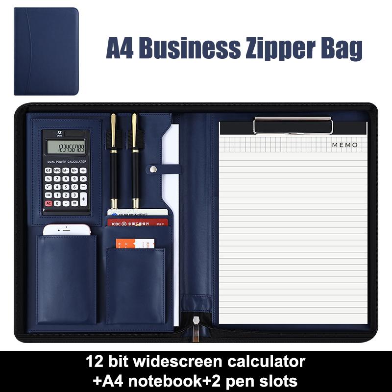 Multifunktionales A4/A5 PU-Leder-Portfolio für Dokumentenorganisator Reißverschlusstasche mit Taschenrechner Stifte Mann Schreiben Aktentasche Büro