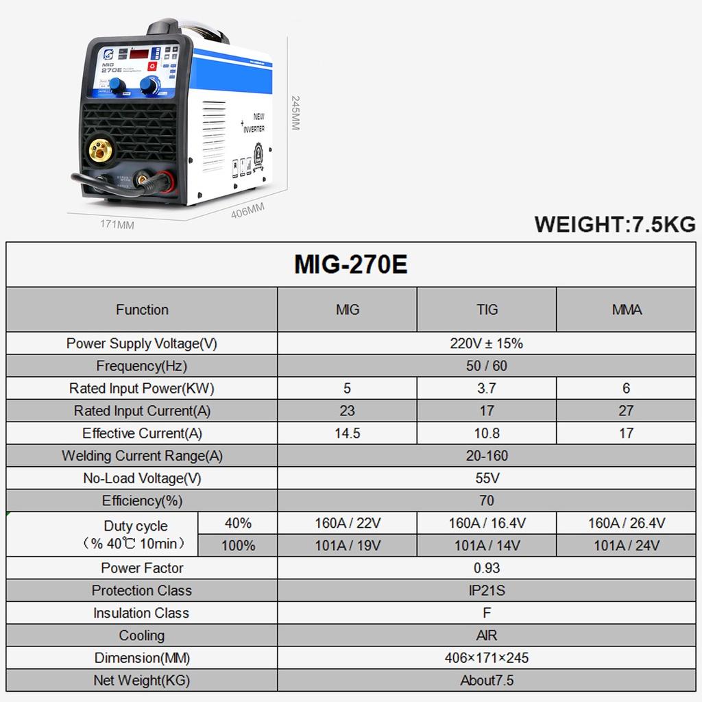 220V IP21S MIG-270E MIG/LIFT TIG/MMA 3 IN 1 Multifunctional Portable Intelligent Welding Machine Support No Gas Welders EU Plug