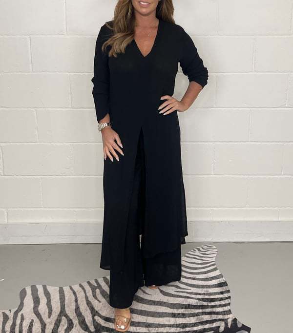 Amazon 2024 Spring and Summer Cross-border New Foreign Trade Women's Clothing V-neck Long-sleeved Split Top Pants Two-piece Set