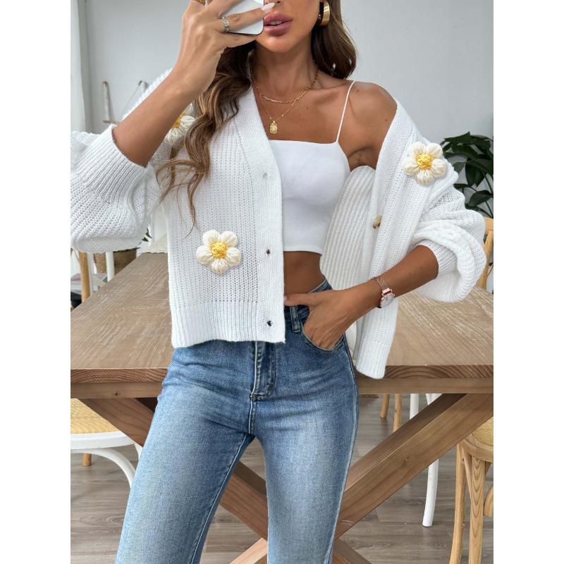 Women's Knitted Sweater Autumn Winter Hand Crochet Patchwork Short Button Cardigan Sweater