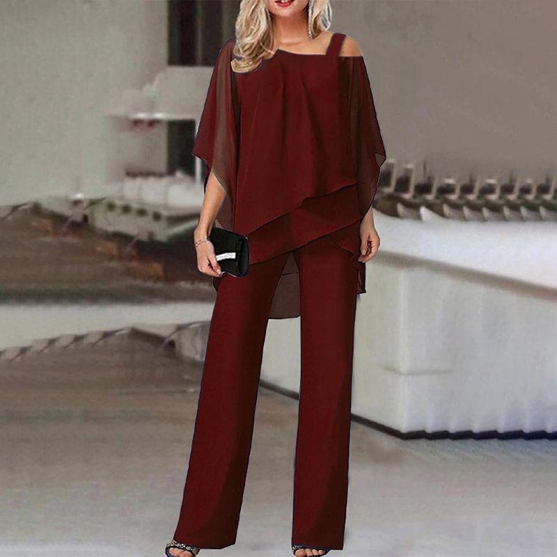 

Irregular Top Solid Color Pants Set Irregular Top Pure Color Pants Suit Burgundy XL
