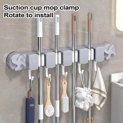 Broom Holder Wall Mount Garage Tool Rack Suction Wall Mount Holders Utility Stand With 5 Hooks For Brush Shovel Gloves Rag