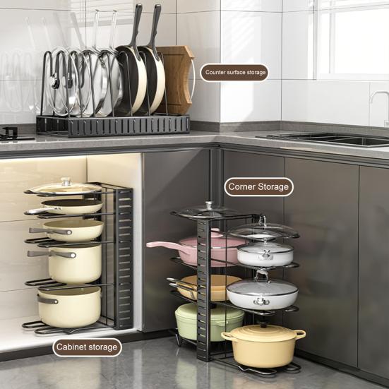 Szintes Állítható Serpenyőrendszerező Edénytároló Állvány Edény- és Serpenyőtartó Lábasállvány Konyhai Pultra és Szekrénybe