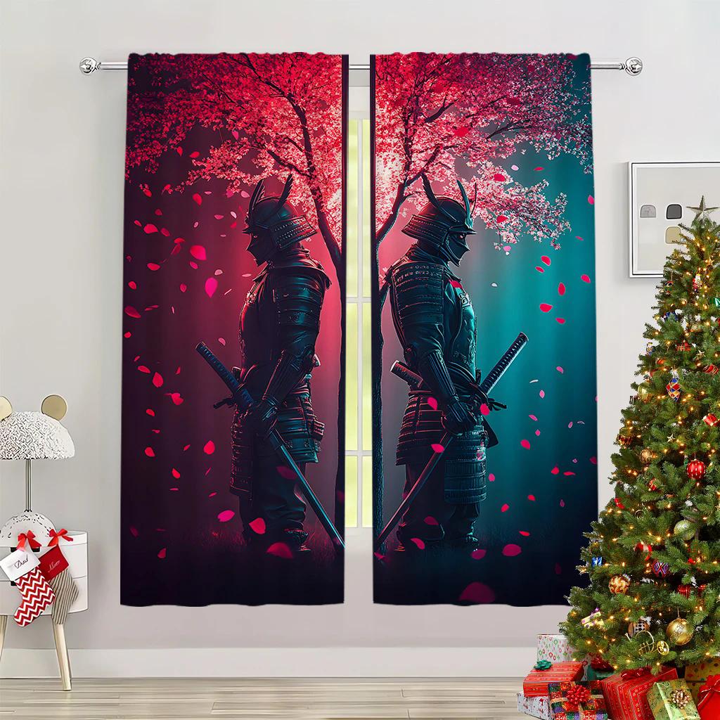 2pcs- Classic samurai design printed curtains, pole bag curtains, home decoration, room decoration