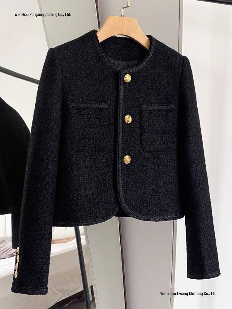 Women's 2025 Autumn/Winter Classic French Wool Tweed Little Black Jacket