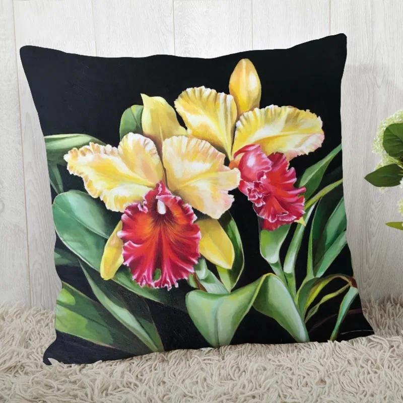 Neue Orchideenmalerei Kissenbezug Schlafzimmer Home Office Dekorative Blumen Kissenhülle Quadratisch Reißverschluss Kissenbezüge Satin Weich Kein Ausbleichen