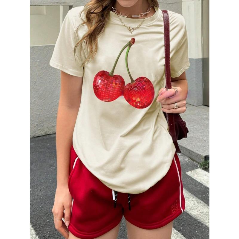 Letni Top z Okrągłym Dekoltem z Nadrukiem 3D Czerwonych Wiśni Modny Casualowy T-shirt Damski z Krótkim Rękawem